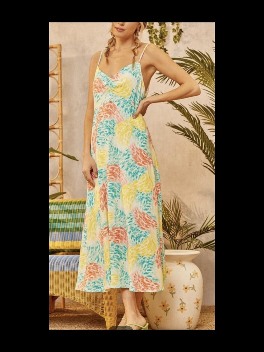 Emily Wonder Summer Multi-Color Print Slip Midi Dress Size Large